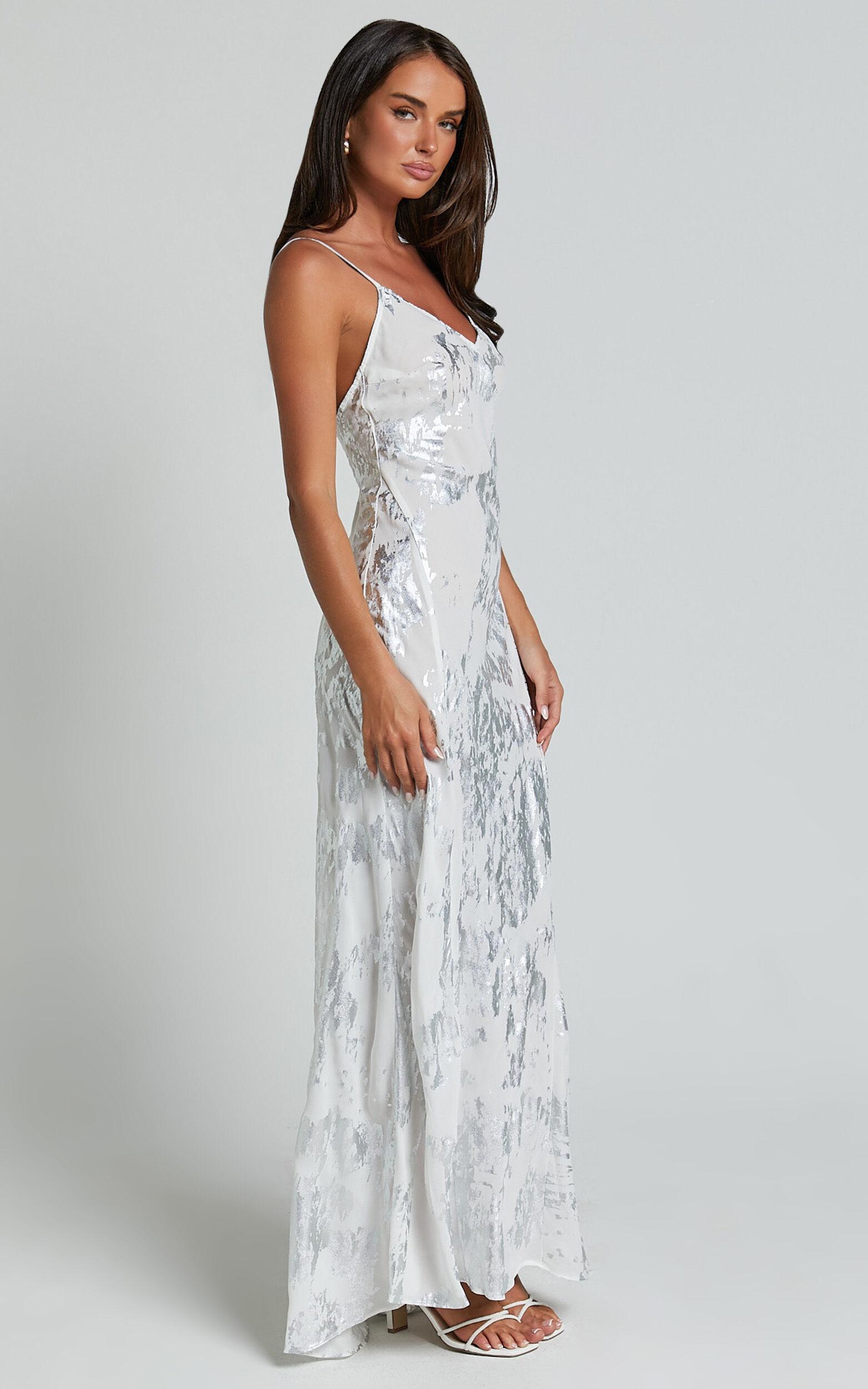 Robynne Maxi Dress - Strappy V Neck Slip Dress in White and Silver Product Image