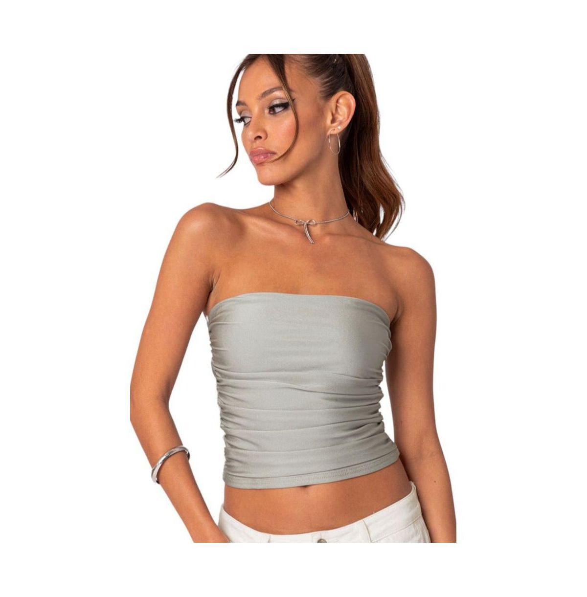 EDIKTED Maxeen Shiny Ruched Crop Tube Top Product Image