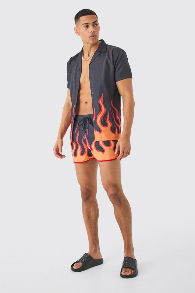 Short Sleeve Flame Shirt & Swim Set | boohooMAN USA Product Image