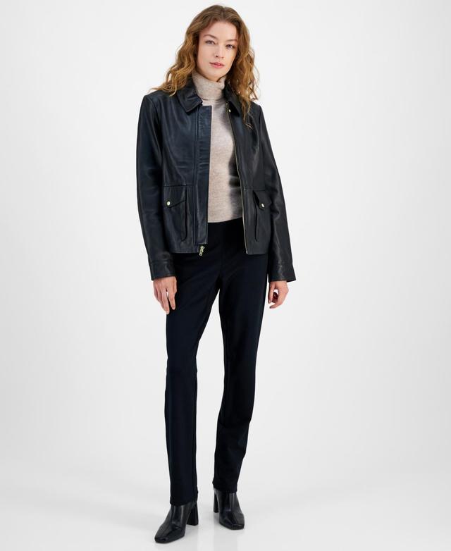 Cole Haan Womens Leather Zip-Front Collared Coat Product Image