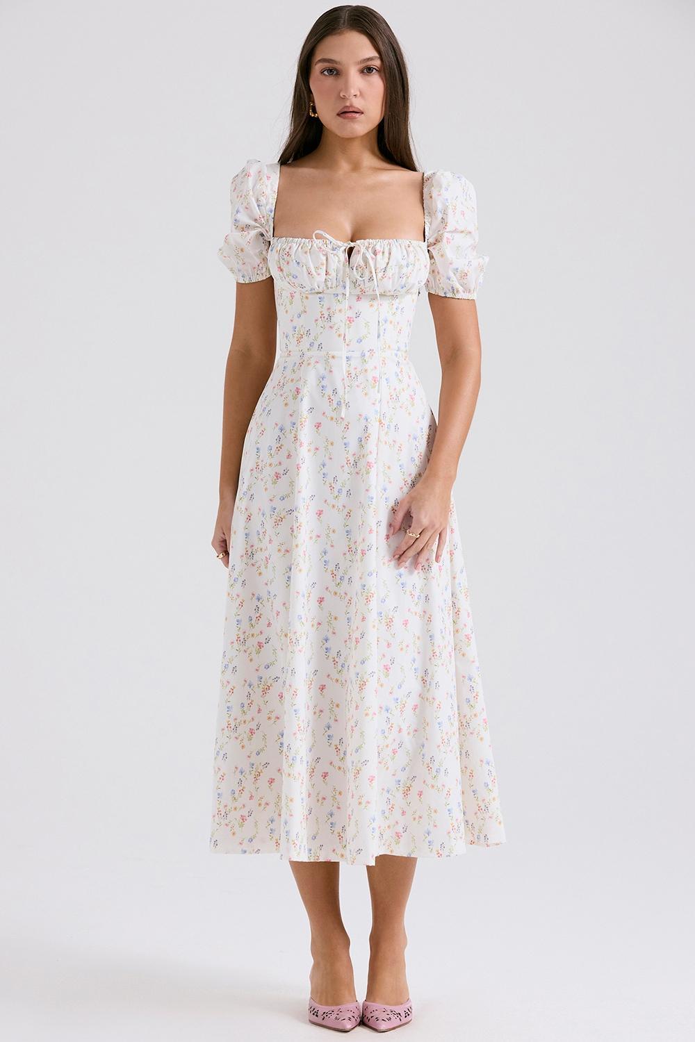 Tallulah White Posy Print Cotton Puff Sleeve Midi Sundress Product Image