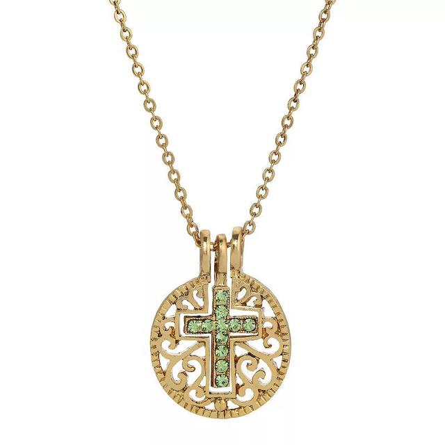 1928 Gold Tone Birthstone Crystal Cross Pendant Necklace, Womens, Green Product Image