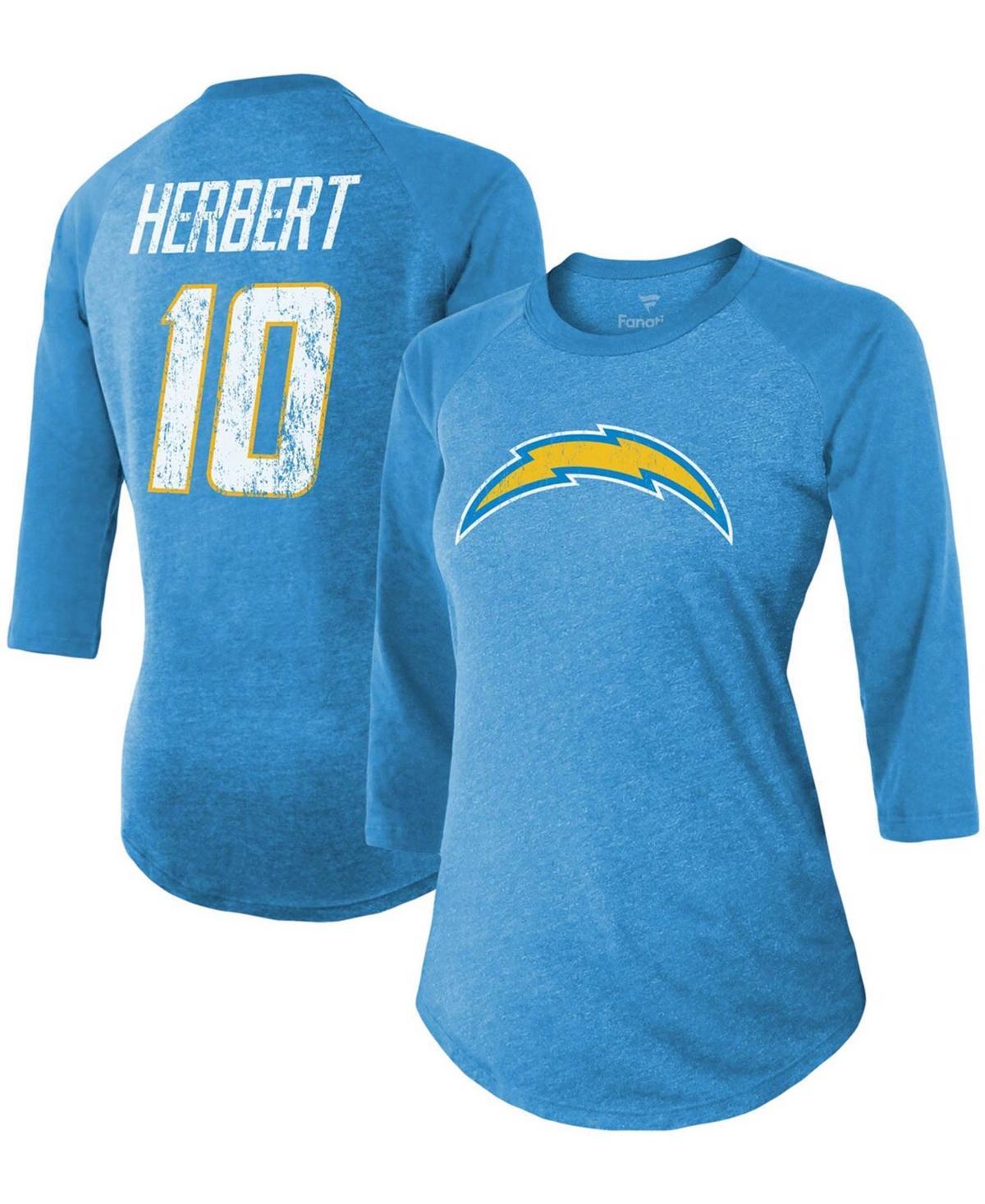 Womens Justin Herbert Powder Blue Los Angeles Chargers Team Player Name Number Tri-Blend Raglan 3/4 Sleeve T-shirt Product Image