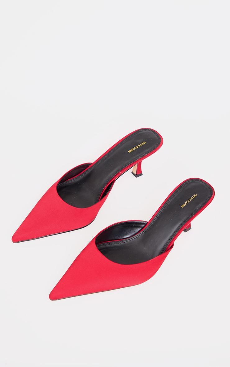 Red Satin Point Toe Mid Stiletto Heeled Mules Product Image