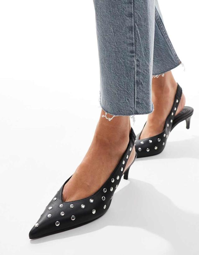 ASOS DESIGN Salsa studded slingback kitten heel shoes in black Product Image