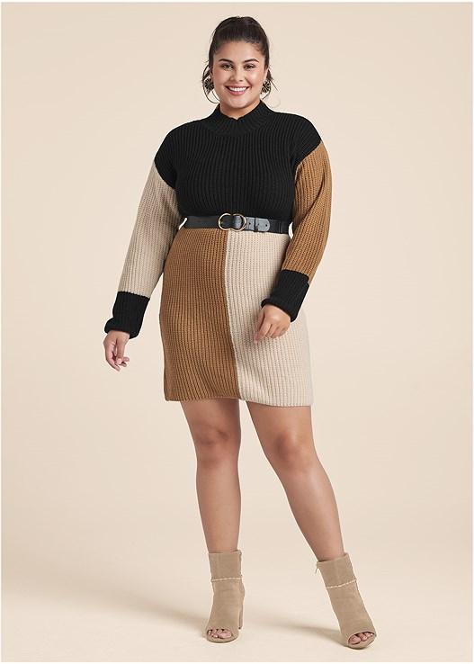 Belted Color Block Sweater Dress Product Image