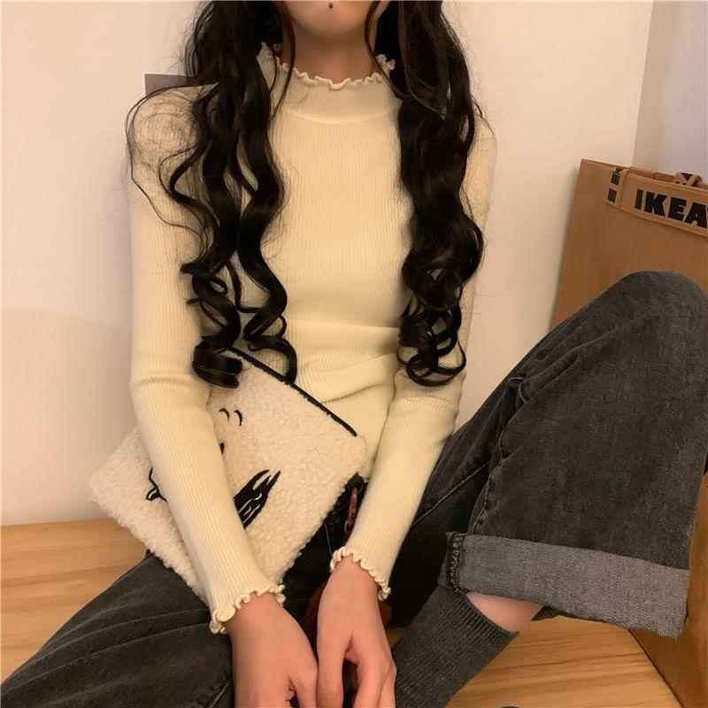 Long-Sleeve Mock Neck Plain Lettuce Edge Slim Fit Knit Top Product Image