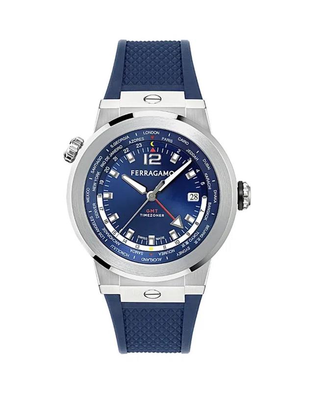 FERRAGAMO F-80 Gmt Worldtime Silicone Watch, 43mm In Blue Product Image