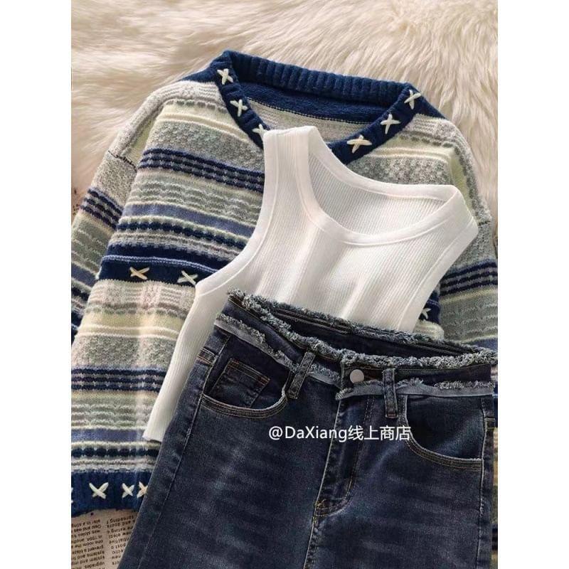 Round Neck Plain Crop Tank Top / Striped Contrast Trim Button-Up Cardigan / High Waist Washed Frayed Flared Jeans / Set Product Image