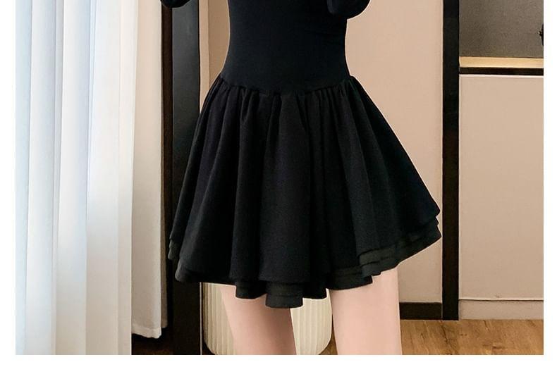 Long-Sleeve Plain Mini A-Line Dress Product Image