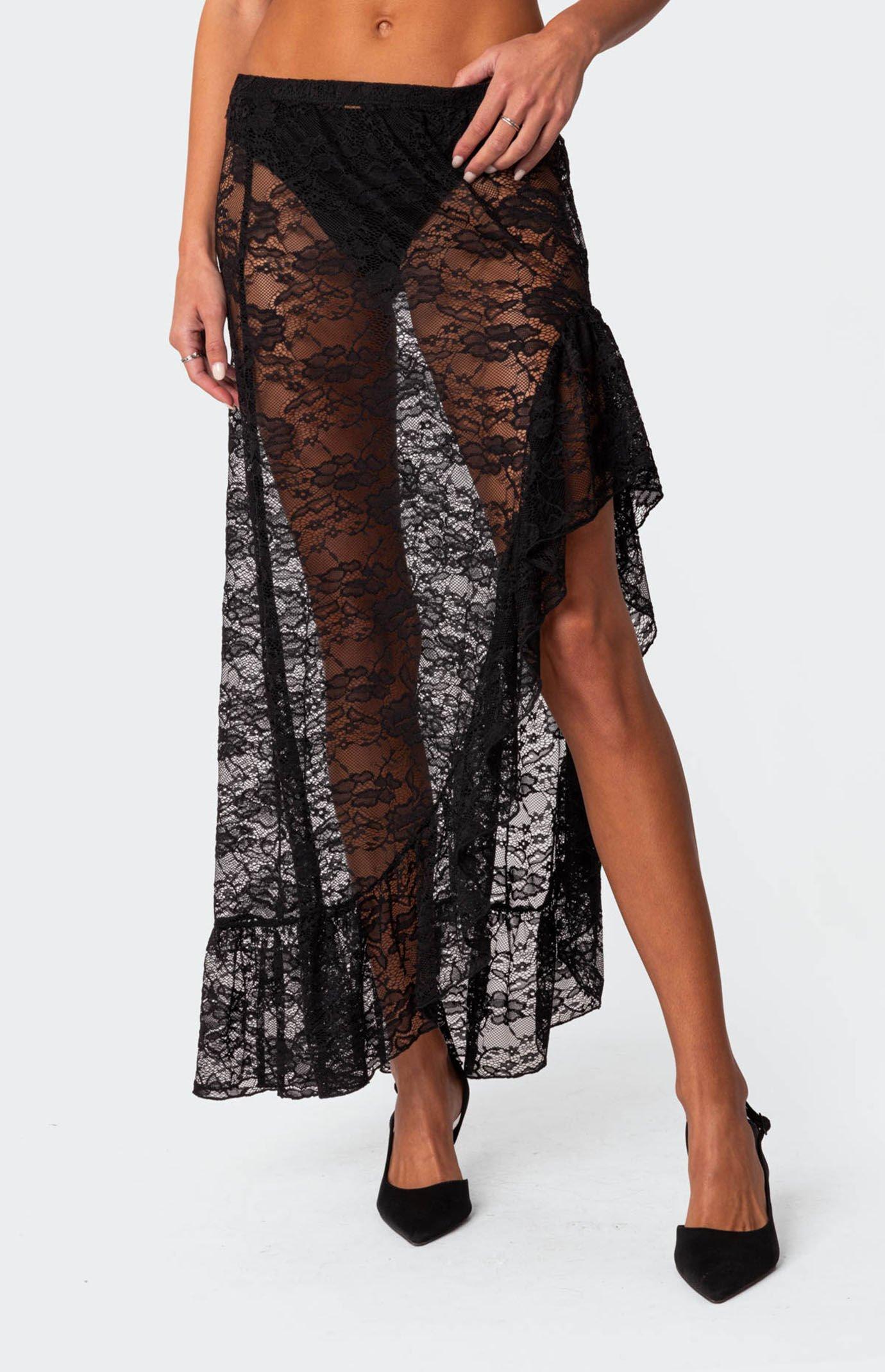 Edikted Women's Asymmetric Ruffle Sheer Lace Maxi Skirt product image