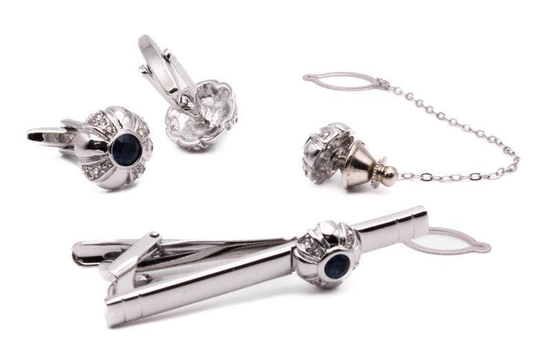 Navy and Silver Crystal Men's Accessory Box Cuff Links, Tie Clip, Tie Pin 4 Piece Set Product Image