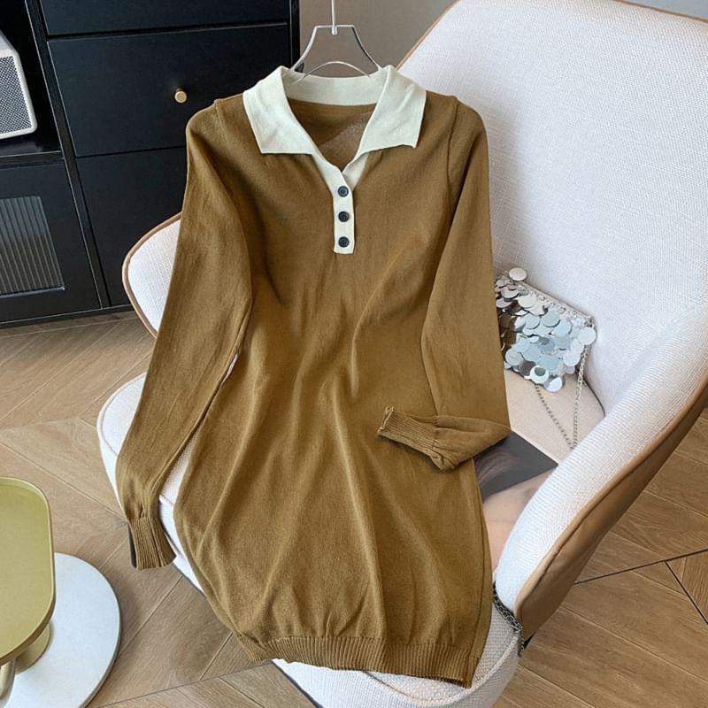 Long Sleeve Collared Two Tone Button Knit Mini A-Line Dress Product Image