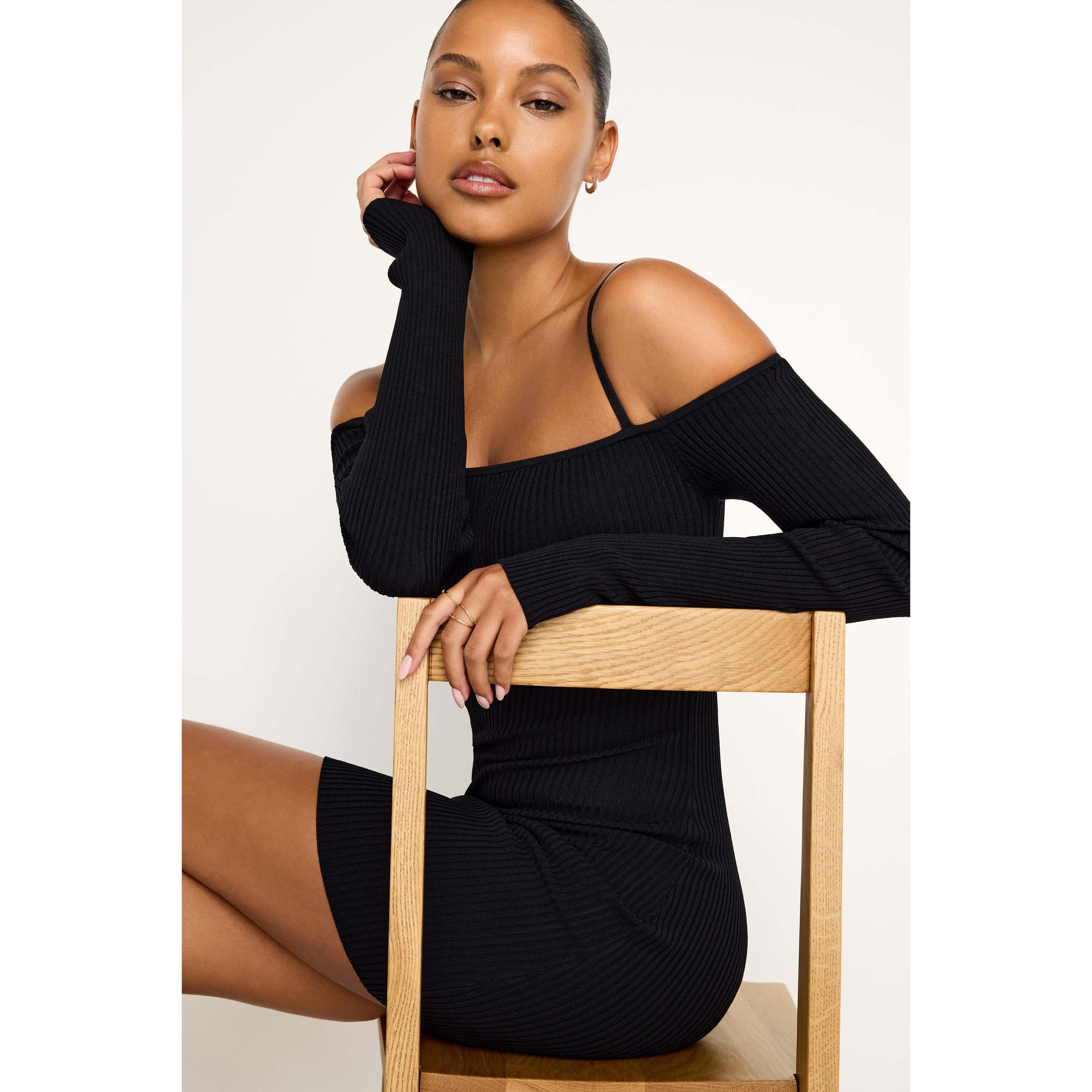 Womens Stretch Rib Knit Shoulder Mini Dress | Black, Size 5XL | Good American by Khlo Kardashian Product Image