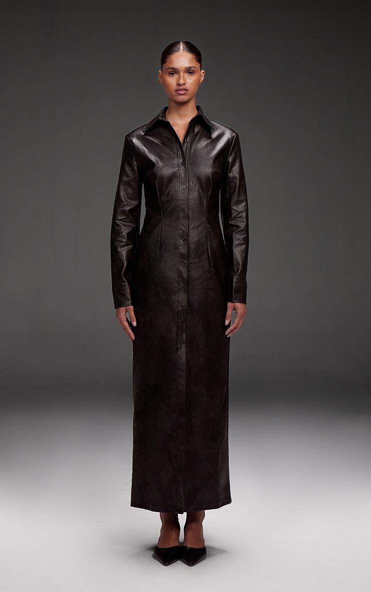 Black Washed Faux Leather Button Up Maxi Dress product image