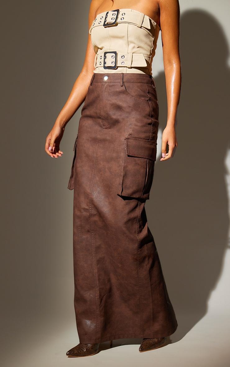 Tall Washed Brown Faux Leather Pocket Detail Maxi Skirt Product Image