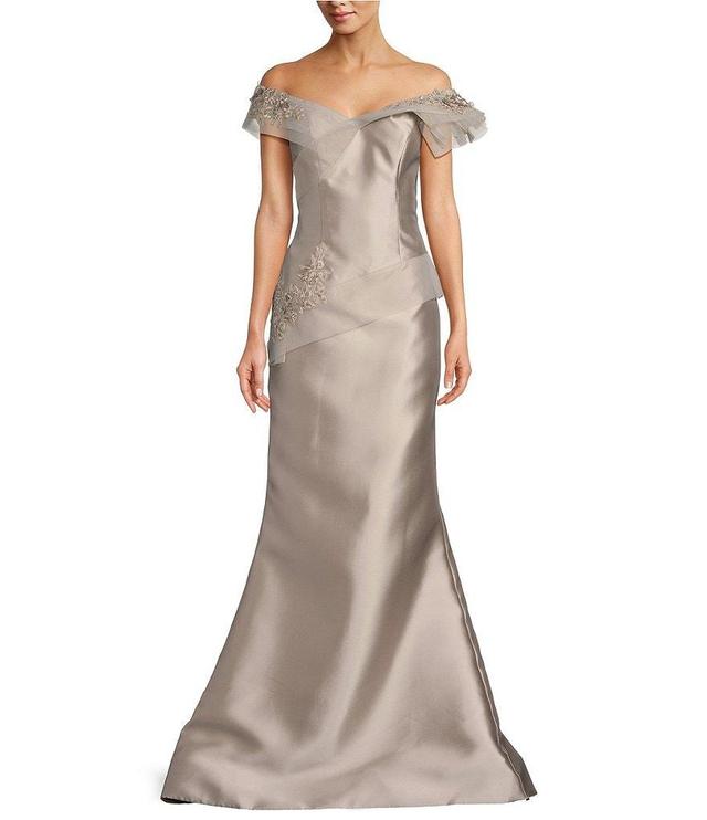 Terani Couture Mikado Applique V-Neck Off-the-Shoulder Flutter Sleeve Mermaid Gown Product Image