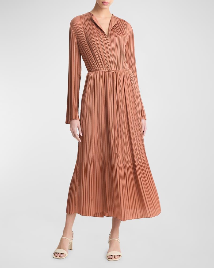 Pleated Long-Sleeve Midi Dress Product Image