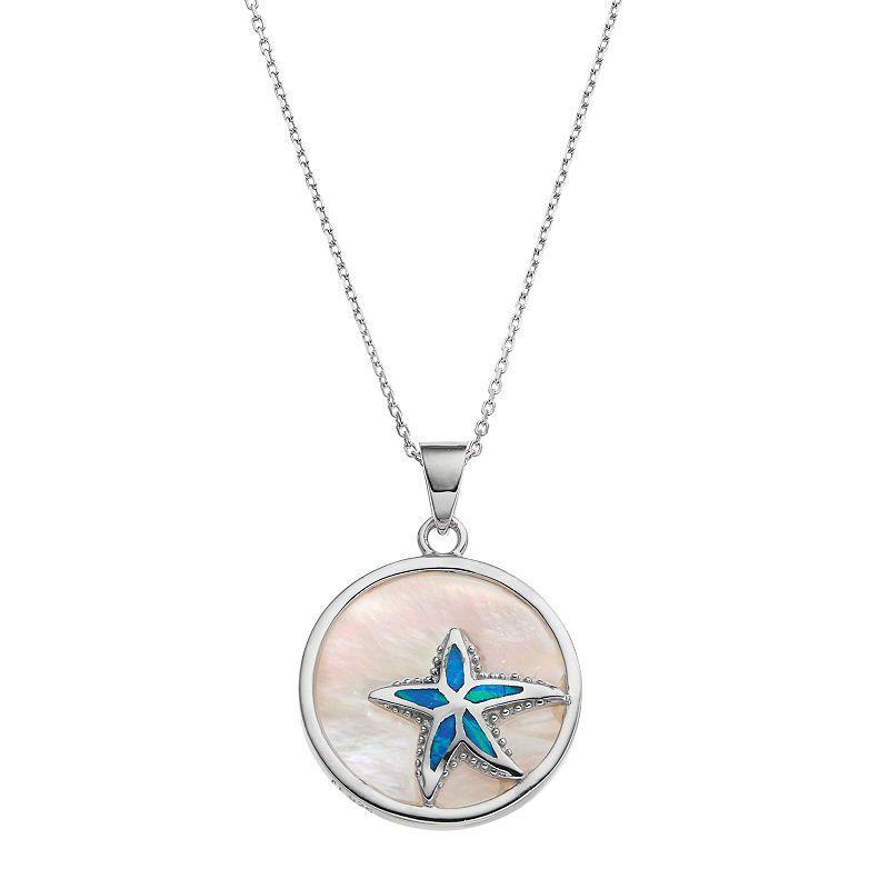 Sterling Silver Mother-of-Pearl & Lab-Created Blue Opal Starfish Disc Pendant, Womens Product Image