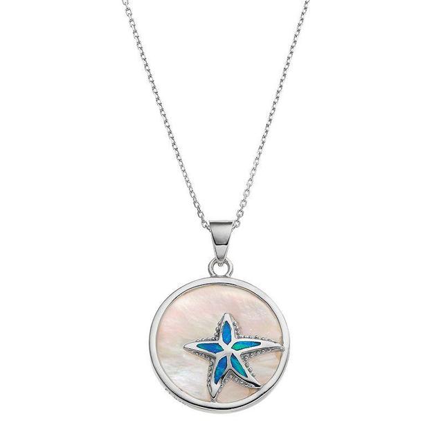 Sterling Silver Mother-of-Pearl & Lab-Created Blue Opal Starfish Disc Pendant, Womens Product Image