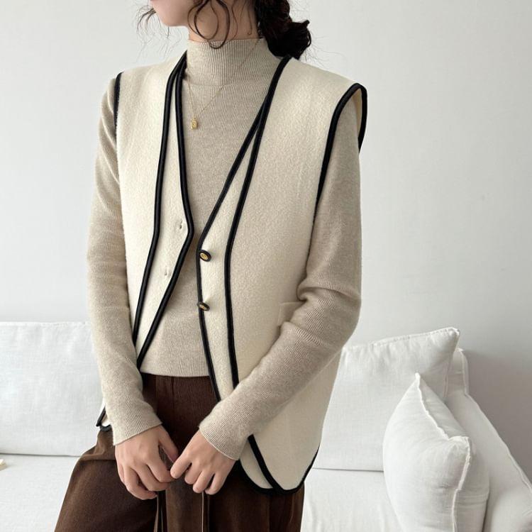 V-Neck Contrast Trim Button-Up Sweater Vest Product Image