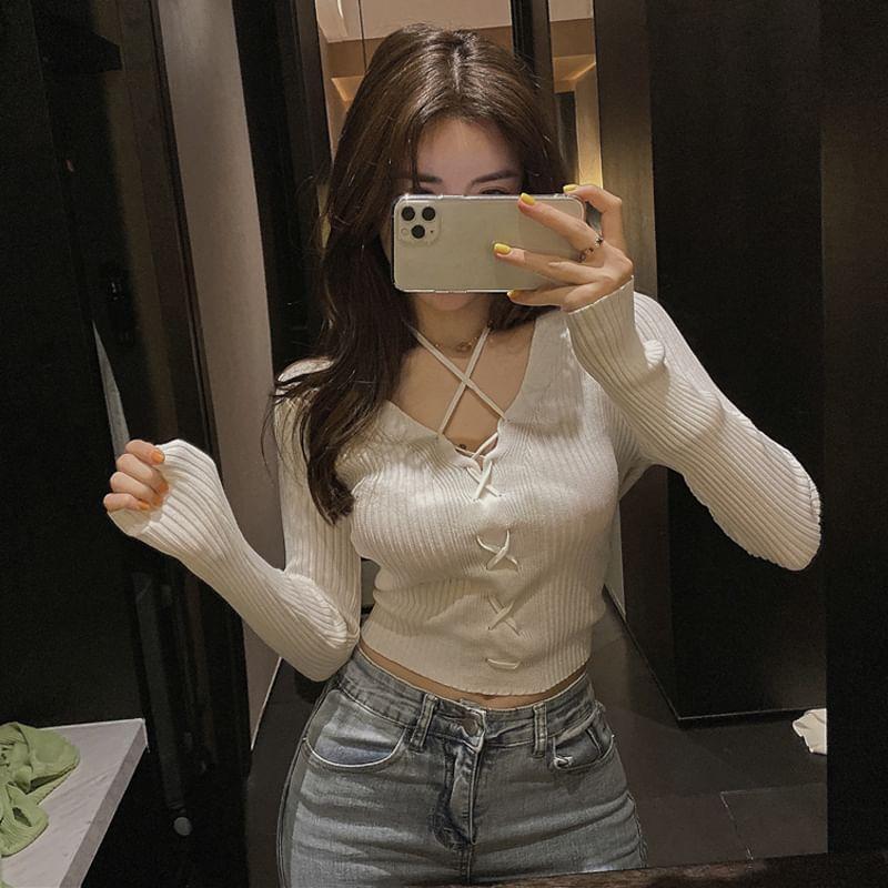 Long Sleeve V-Neck Crisscross Plain Crop Knit Top Product Image