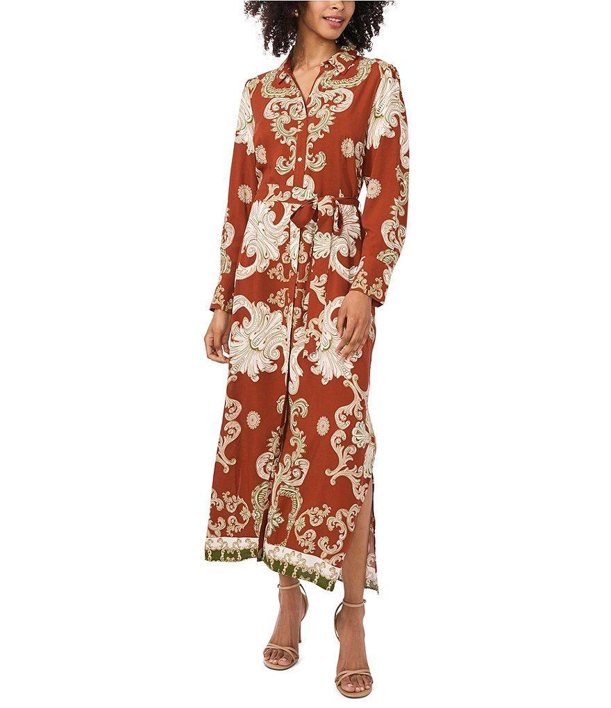 Vince Camuto Challis Rococo Seashell Print Point Collar Button Front Roll Tab Long Sleeve Belted Midi Shirt Dress Product Image