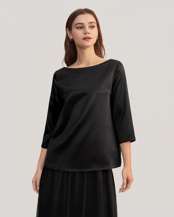 3/4 Sleeve Boat Neck Silk Blouse Product Image