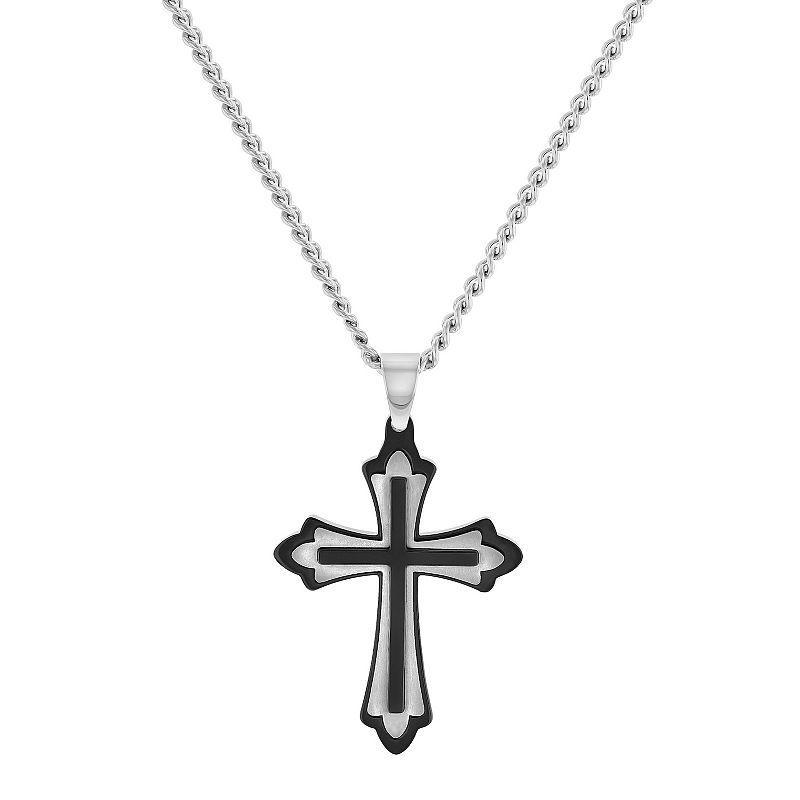 Steel Nation Mens Black Ion-Plated Stainless Steel Ornate Cross Pendant Necklace Two Tone Product Image