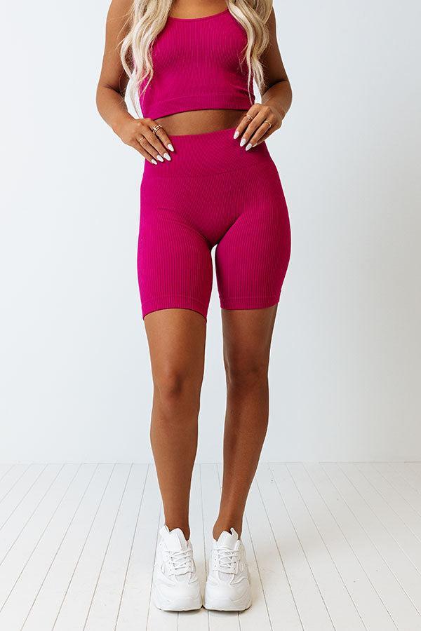 Up At Dawn High Waist Ribbed Biker Shorts in Berry Product Image