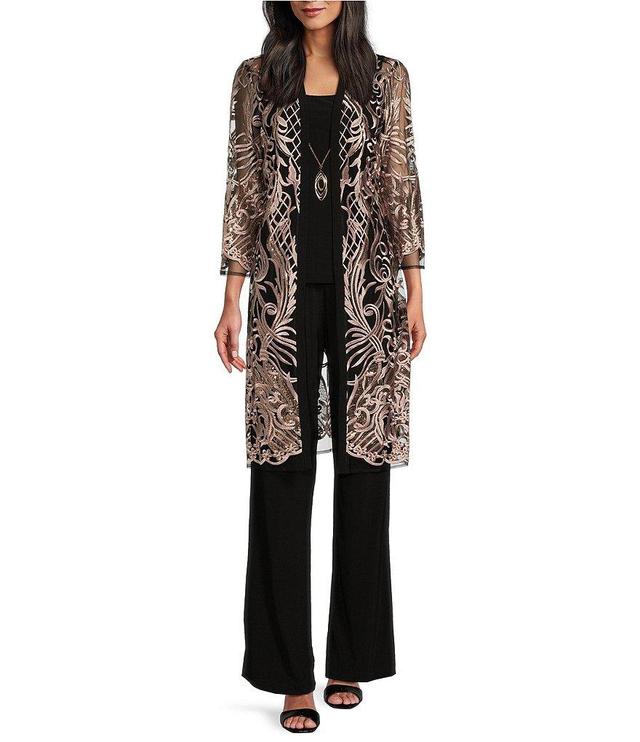 R & M Richards 3/4 Sleeve Round Neck Embellished Sequin Duster Jacket 3-Piece Pant Set Product Image