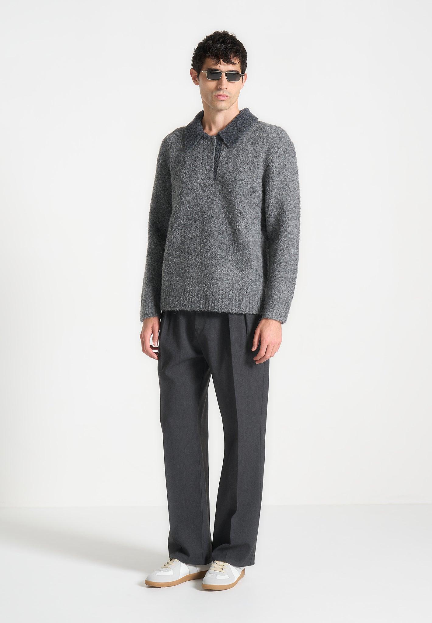 Boucle Knit Contrast Polo Jumper - Grey Male Product Image