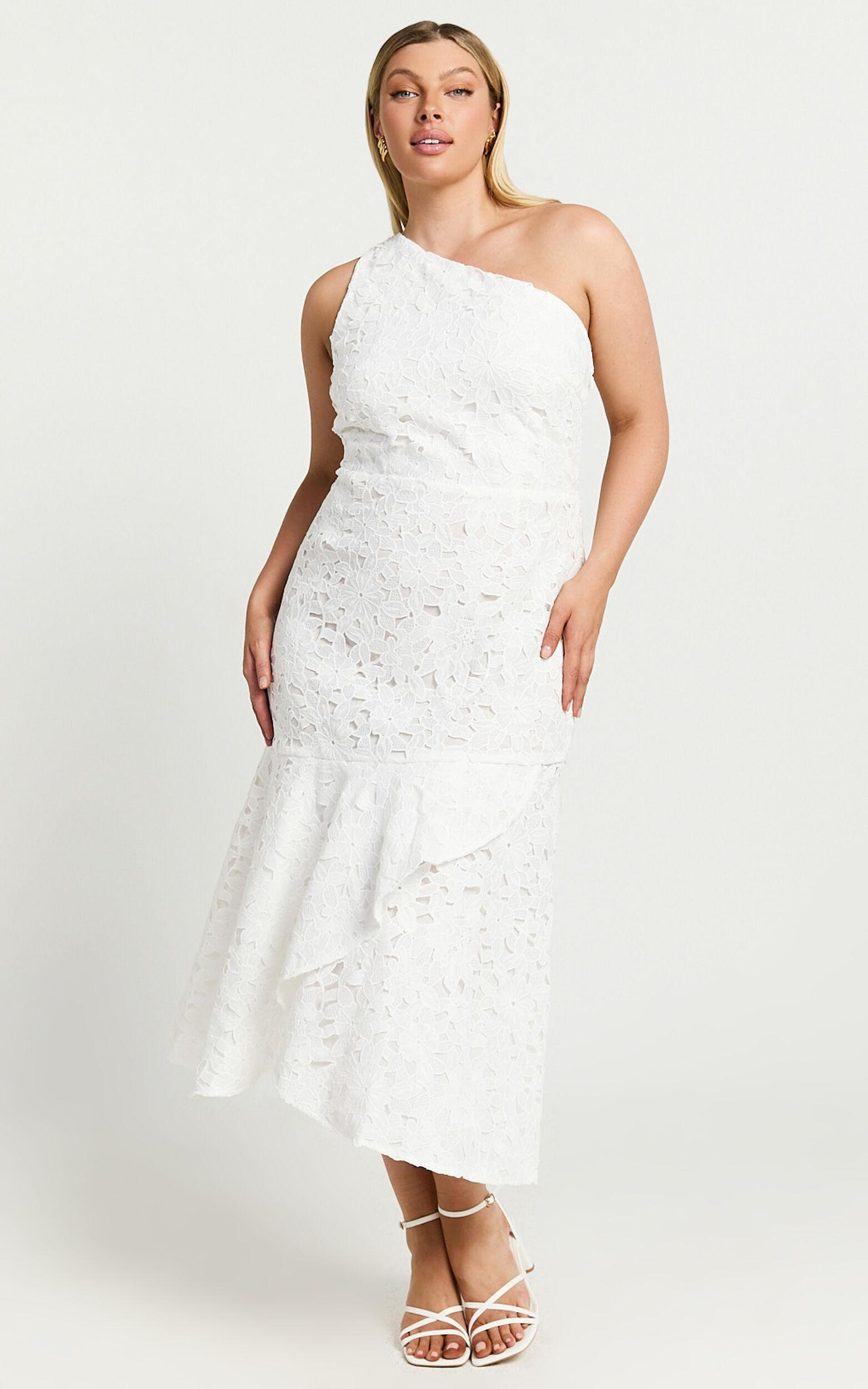 Beth Midi Dress - One Shoulder Ruffle Hem Lace Dress in White Product Image