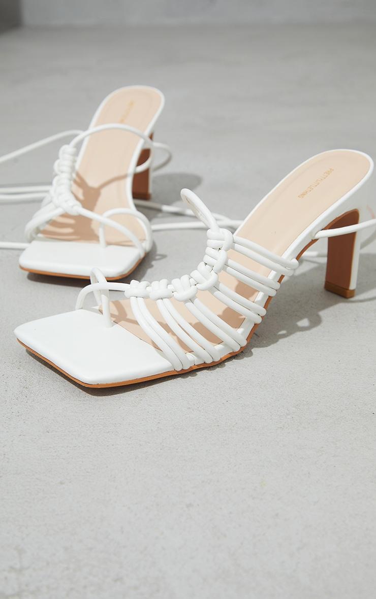 White PU Toe Loop Knot Side Detail Lace Up Flat Heeled Sandals Product Image