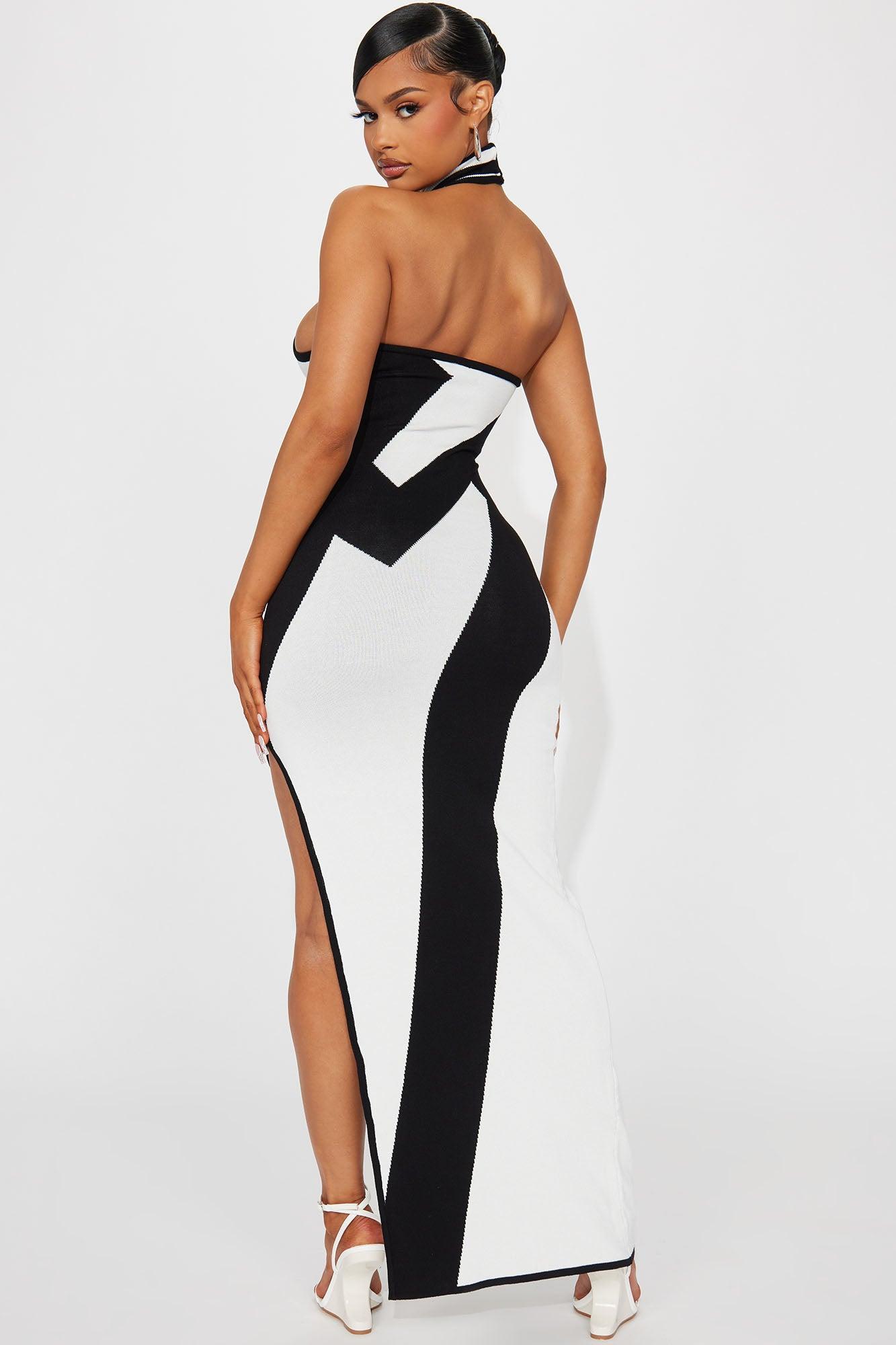 Abstract Halter Maxi Dress - Black/White Product Image