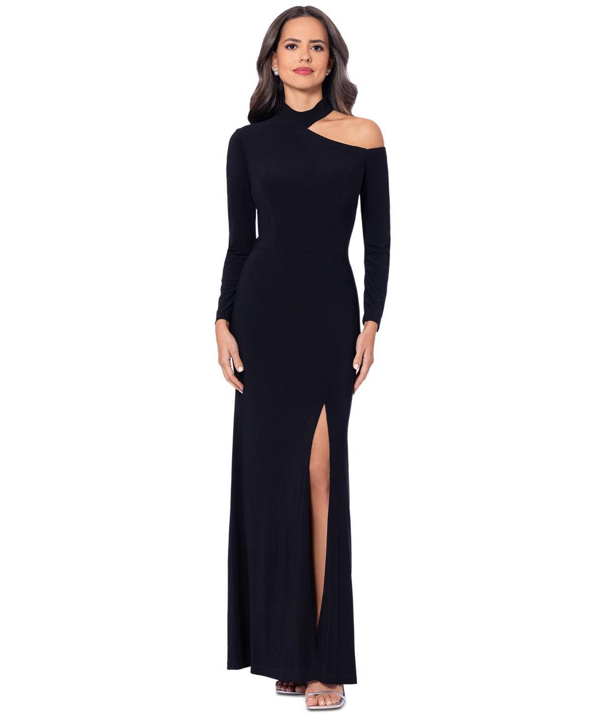 Xscape Womens Collared Cold-Shoulder Long-Sleeve Gown - Black Product Image