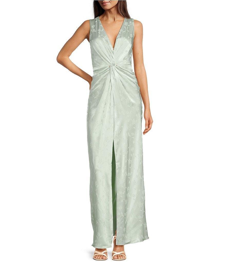 Belle Badgley Mischka Kyra Satin Jacquard Floral Print Sleeveless V-Neck Twist Front Slit Sheath Maxi Dress Product Image