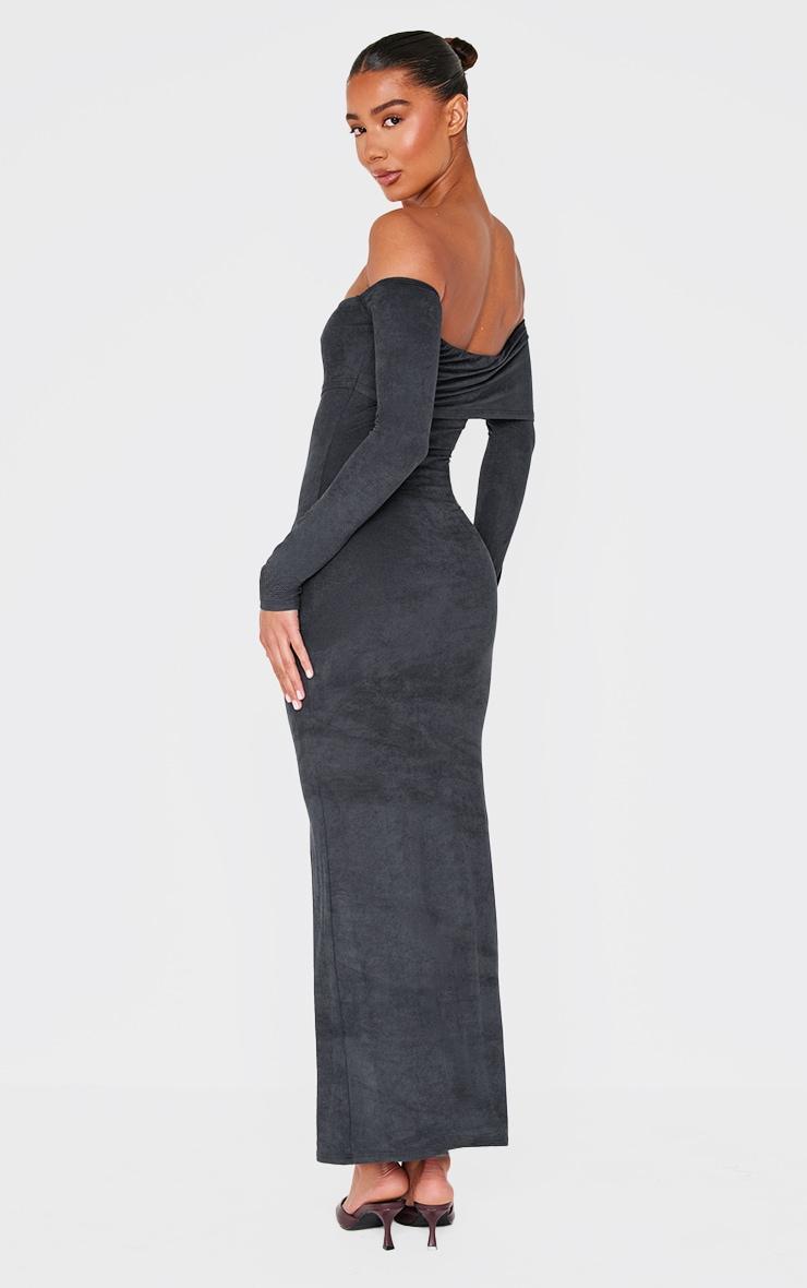 Black Faux Suede Bardot Long Sleeve Maxi Dress Product Image