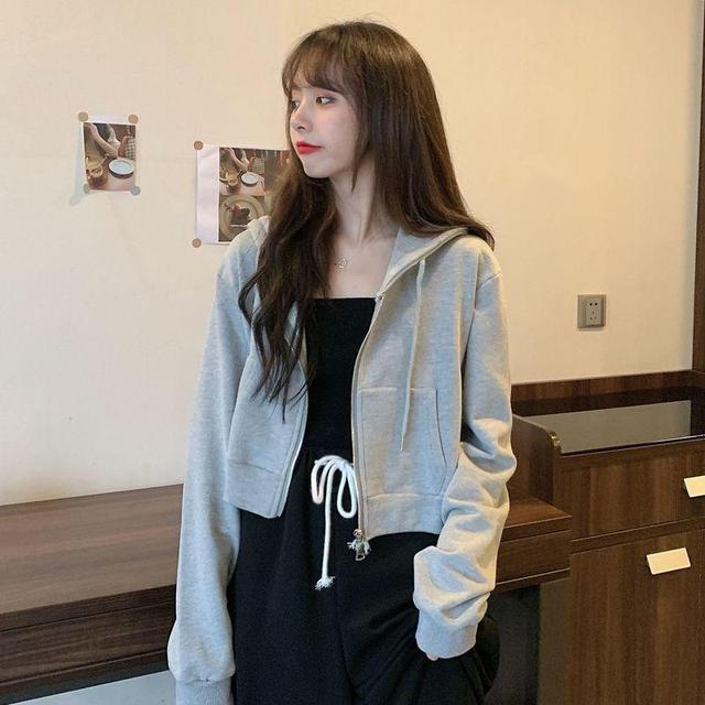 Drawstring Crop Zip Hoodie Product Image