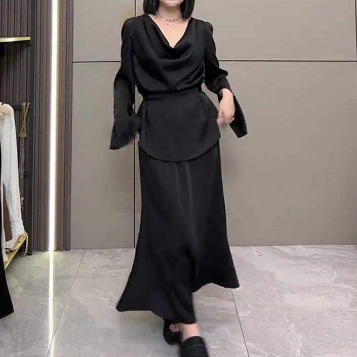 Set: Flared-Sleeve Cowl Neck Plain Blouse + High Rise Maxi Fishtail Skirt Product Image