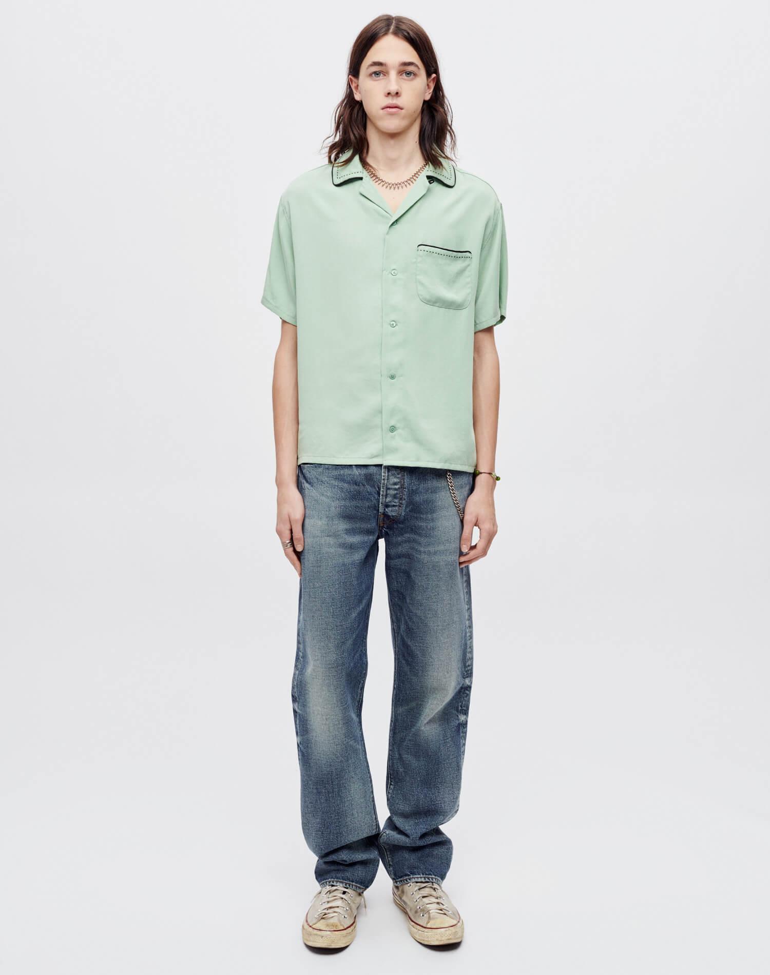 Sashiko Bowling Shirt - Pale Green Male Product Image