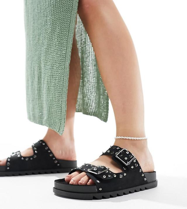 ASOS DESIGN Wide Fit Fantasy studded flat sandal in black Product Image