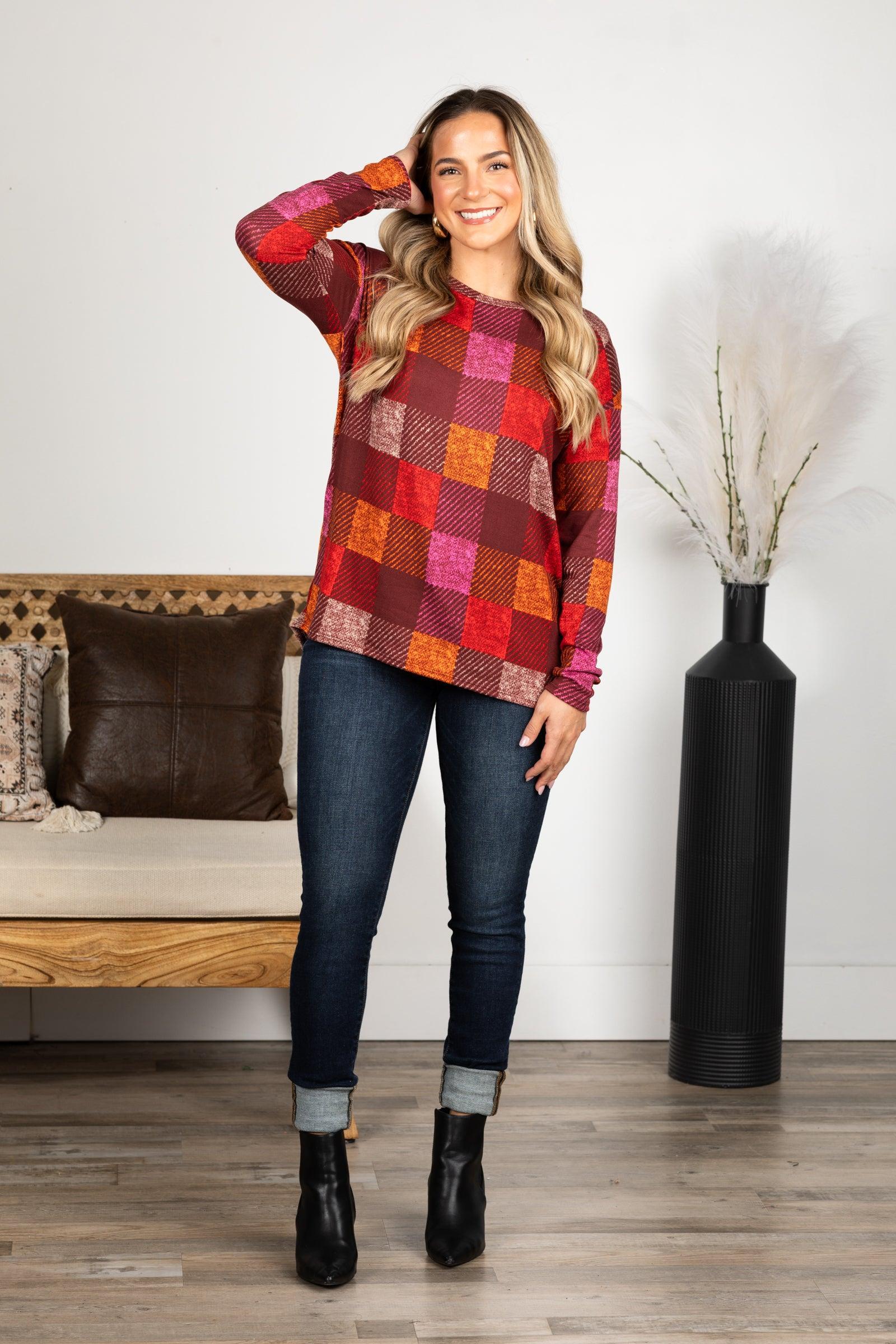 Burgundy Checker Plaid Soft Hacci Knit Top Product Image