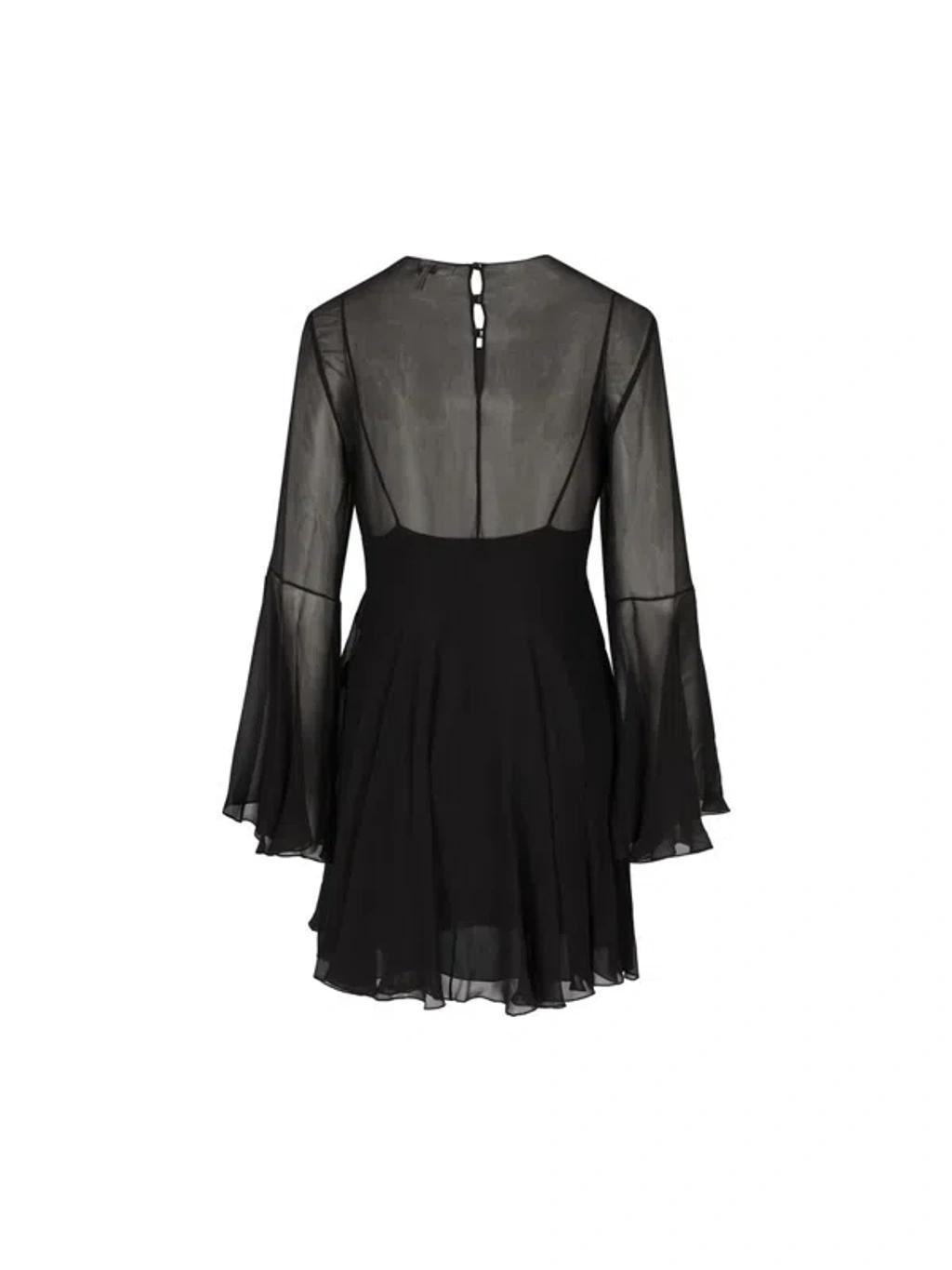 Bell Sleeve Silk Georgette Mini Dress In Black Product Image