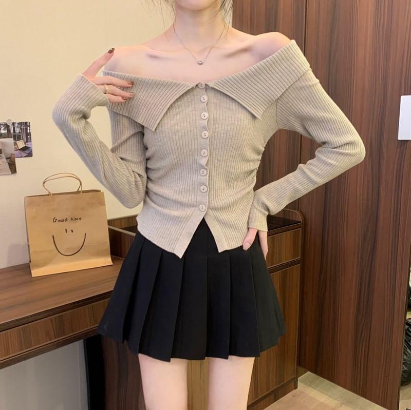 Long-Sleeve Off-Shoulder Plain Button Ribbed Knit Top Product Image