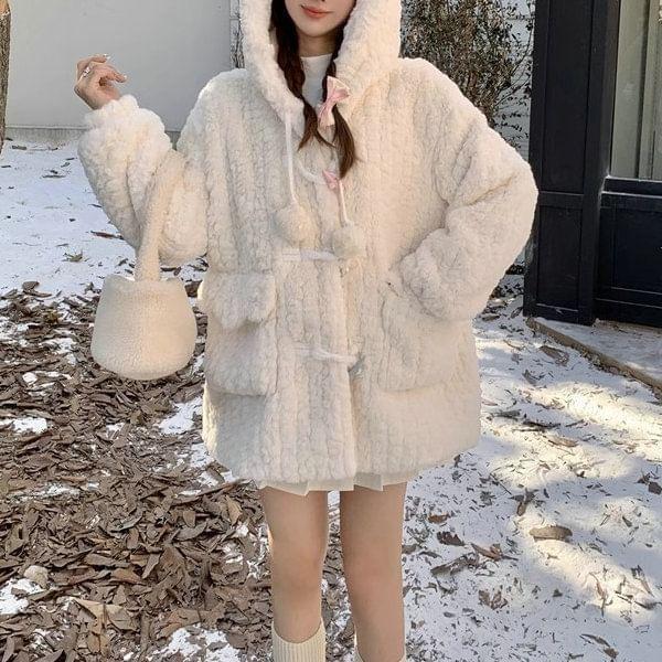 Plain Pom Pom Fluffy Hooded Toggle Coat Product Image