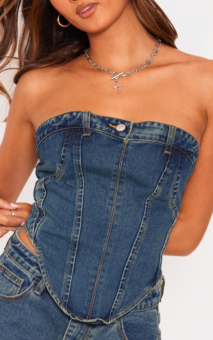 Indigo Vintage Wash Jean Waistband Detail Denim Corset Top Product Image