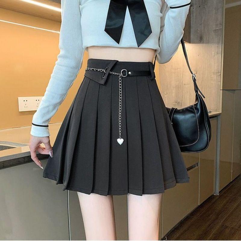 High Waist Plain Mini A-Line Pleated Skirt Product Image