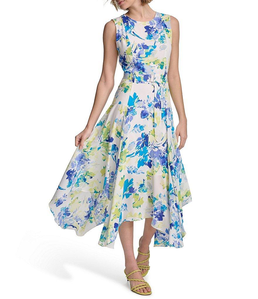 Calvin Klein Floral Printed Crew Neck Sleeveless Handkerchief Hem Belted Fit and Flare Dress Product Image