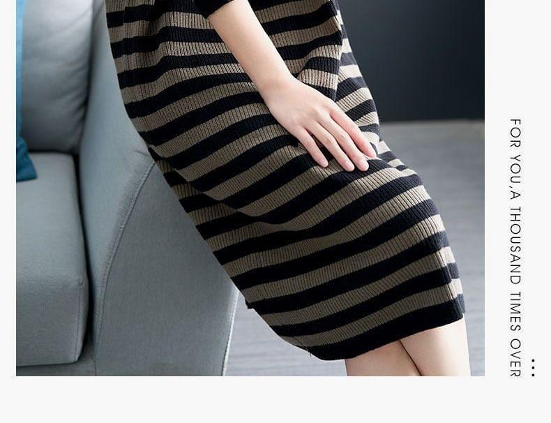 Striped Drawstring Ribbed Knit Hoodie Dress Product Image